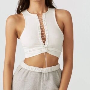 Joah brown lace up crop top